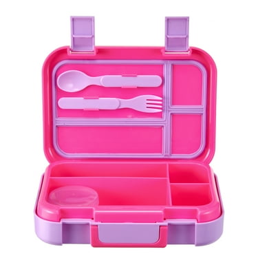 Your Zone BTS Plastic Bento Box with 4 Compartments, 1 Fork, 1 Spoon, 1 Dressing Container, Pink