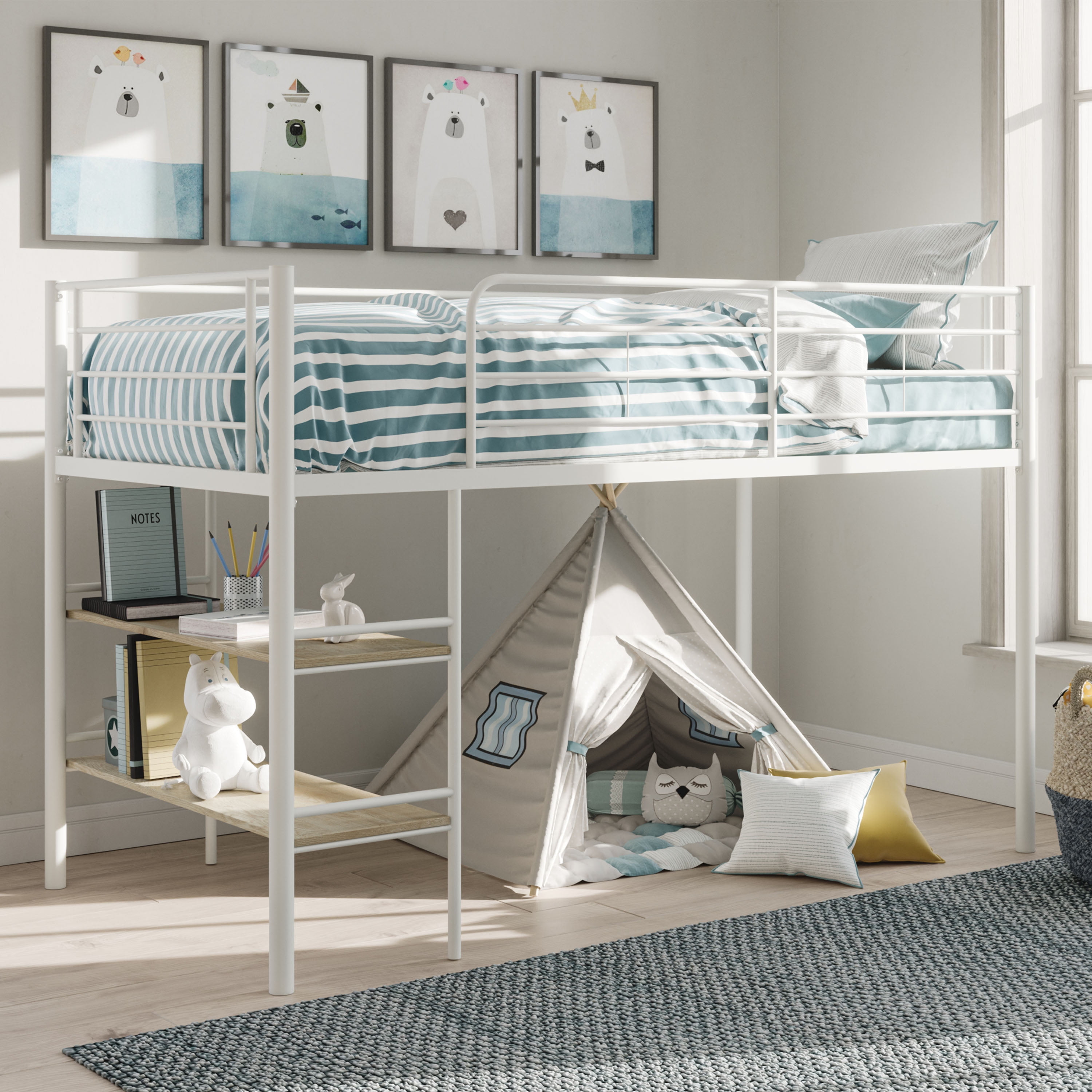 Your Zone Beckett Kids Metal Twin Loft Bed with Open Book Shelf