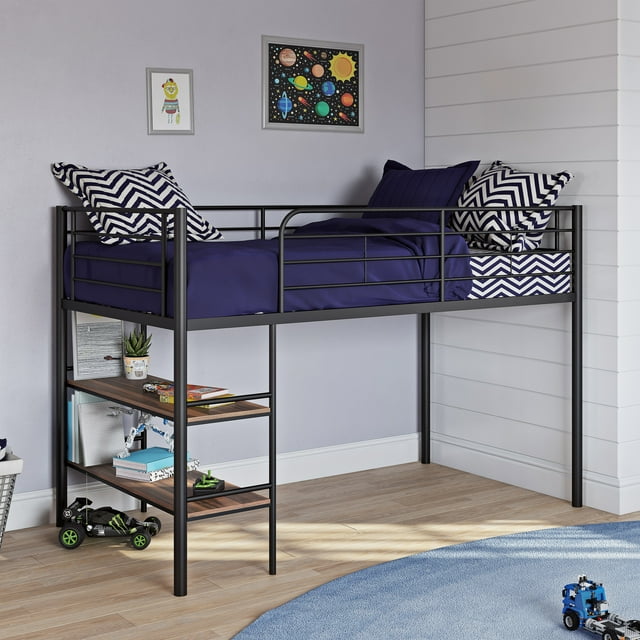 Your Zone Beckett Kids Metal Twin Loft Bed with Open Book Shelf