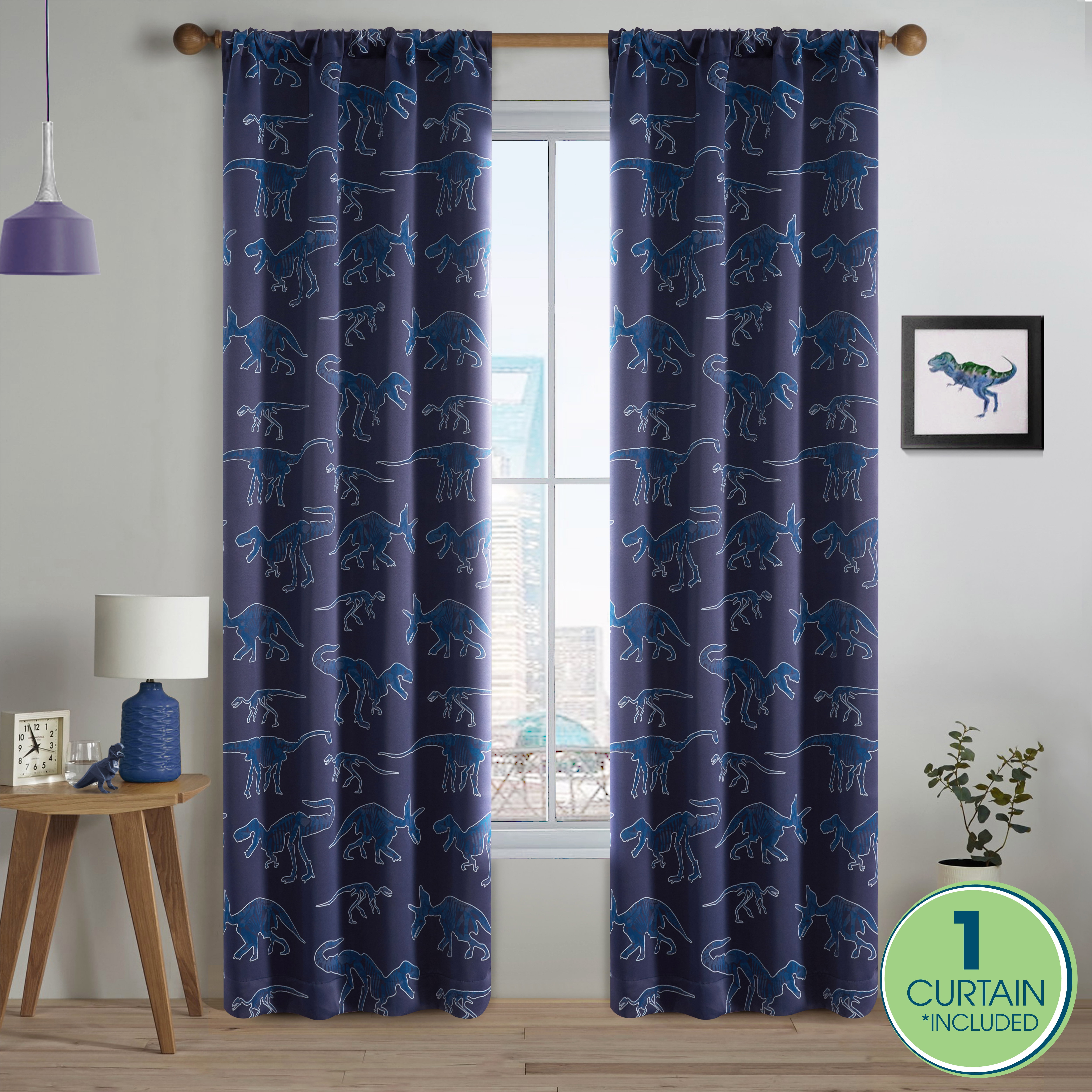 Blue Glow in the Dark Dinosaur Blackout Curtain Panel