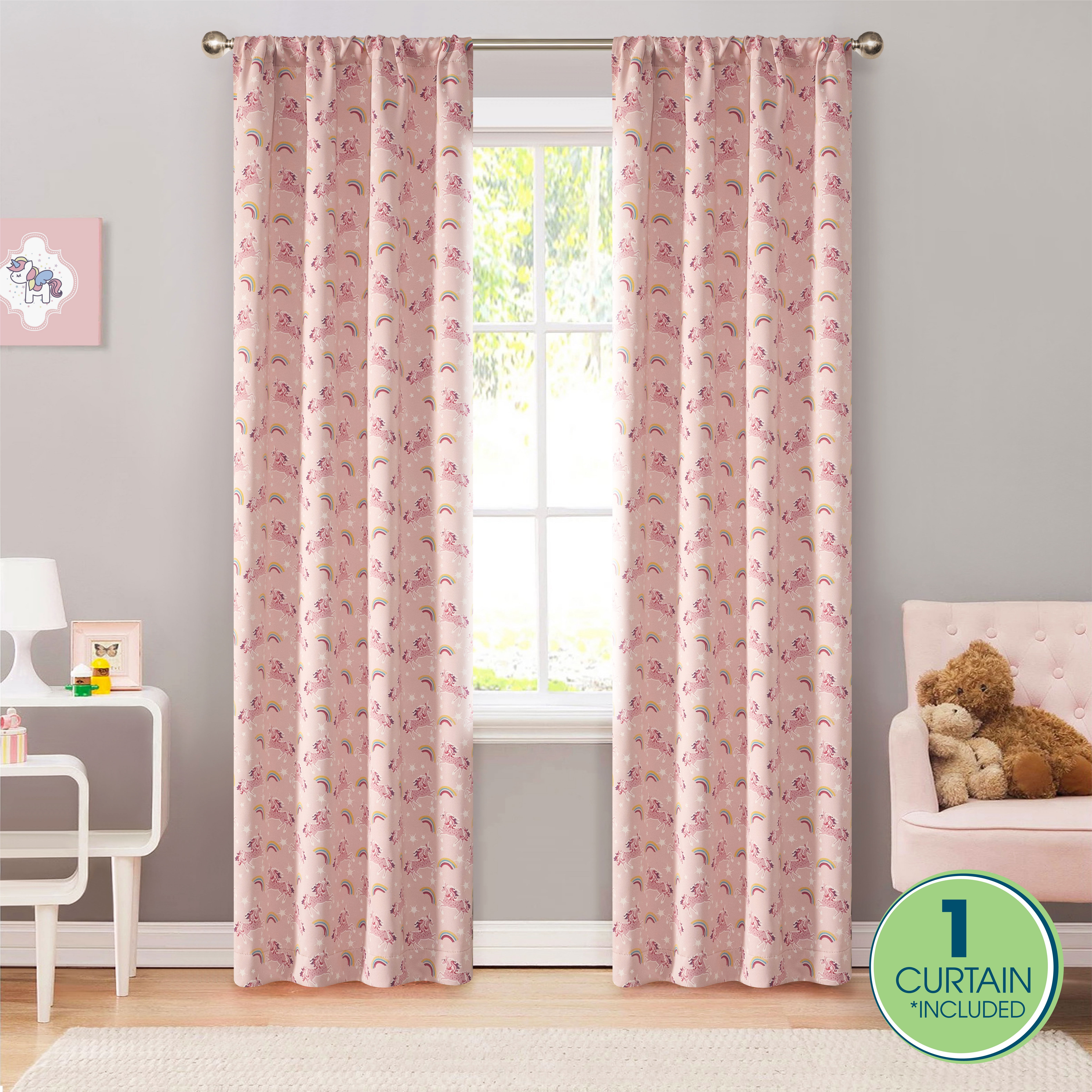 Your Zone Blackout Curtain Panel with Glow in the Dark Print, 1 Panel, Pink Unicorn, 37" W x 54" L