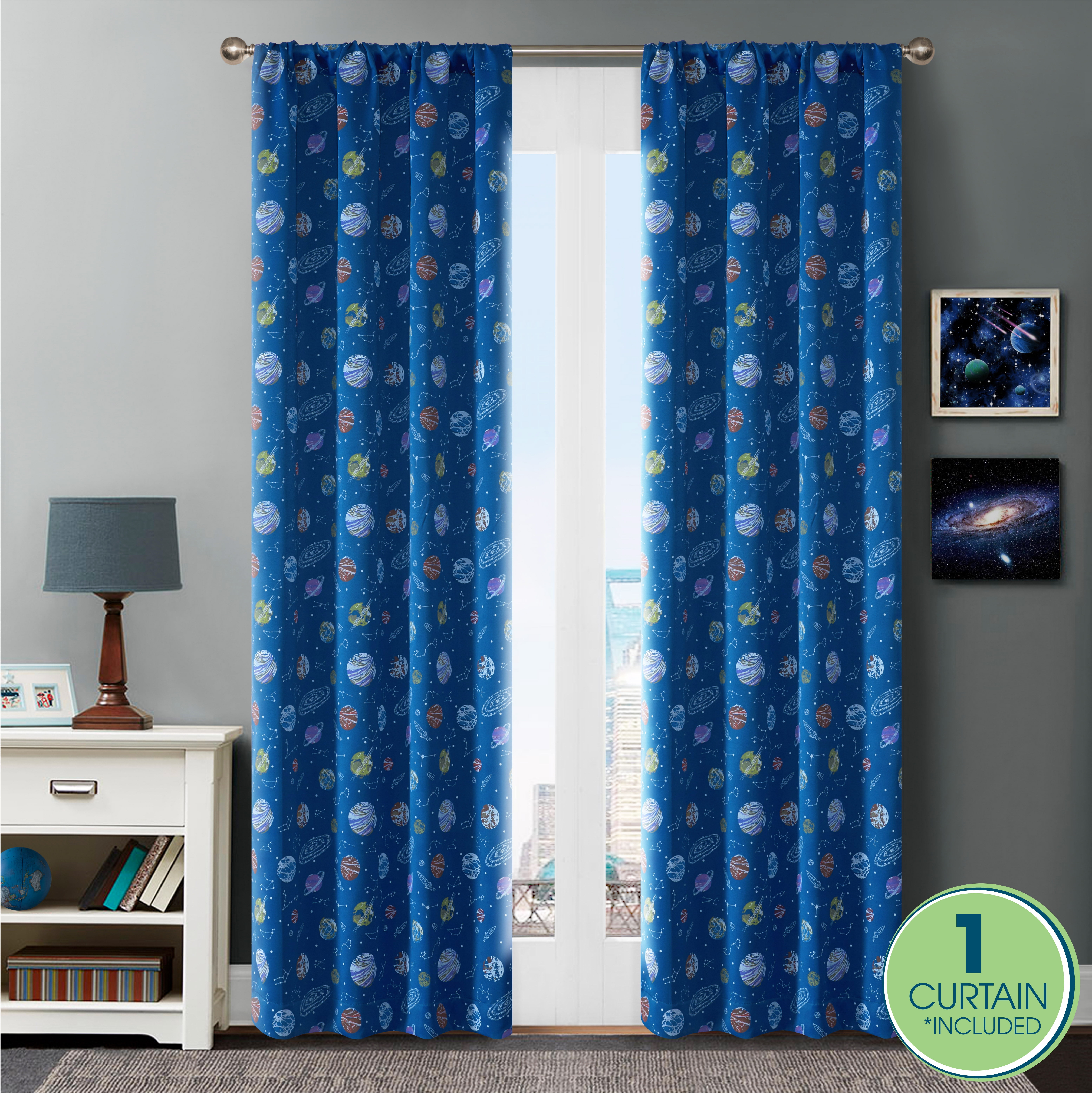 Your Zone Blackout Curtain Panel with Glow in the Dark Print, 1 Panel, Space Blue, 37" W x 63" L