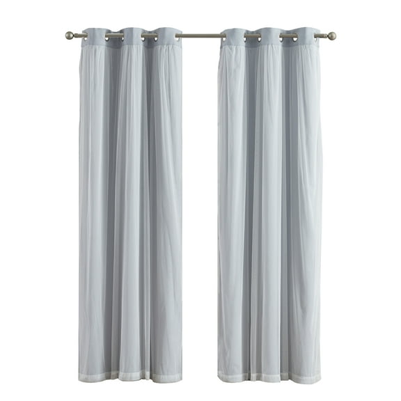 Your Zone Grey Blackout with Sheer Overlay Grommet Curtain Panel, 37" x 84"