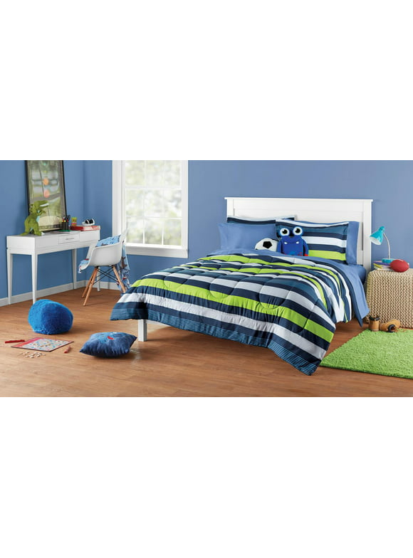 Your Zone Blue Stripe Full Bedding Set for Kids, Machine Wash, 7 Pieces