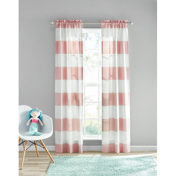 Your Zone Cabana Stripe Polar Pink Room Darkening Rod Pocket Curtain Panel Pair, 30" x 84"