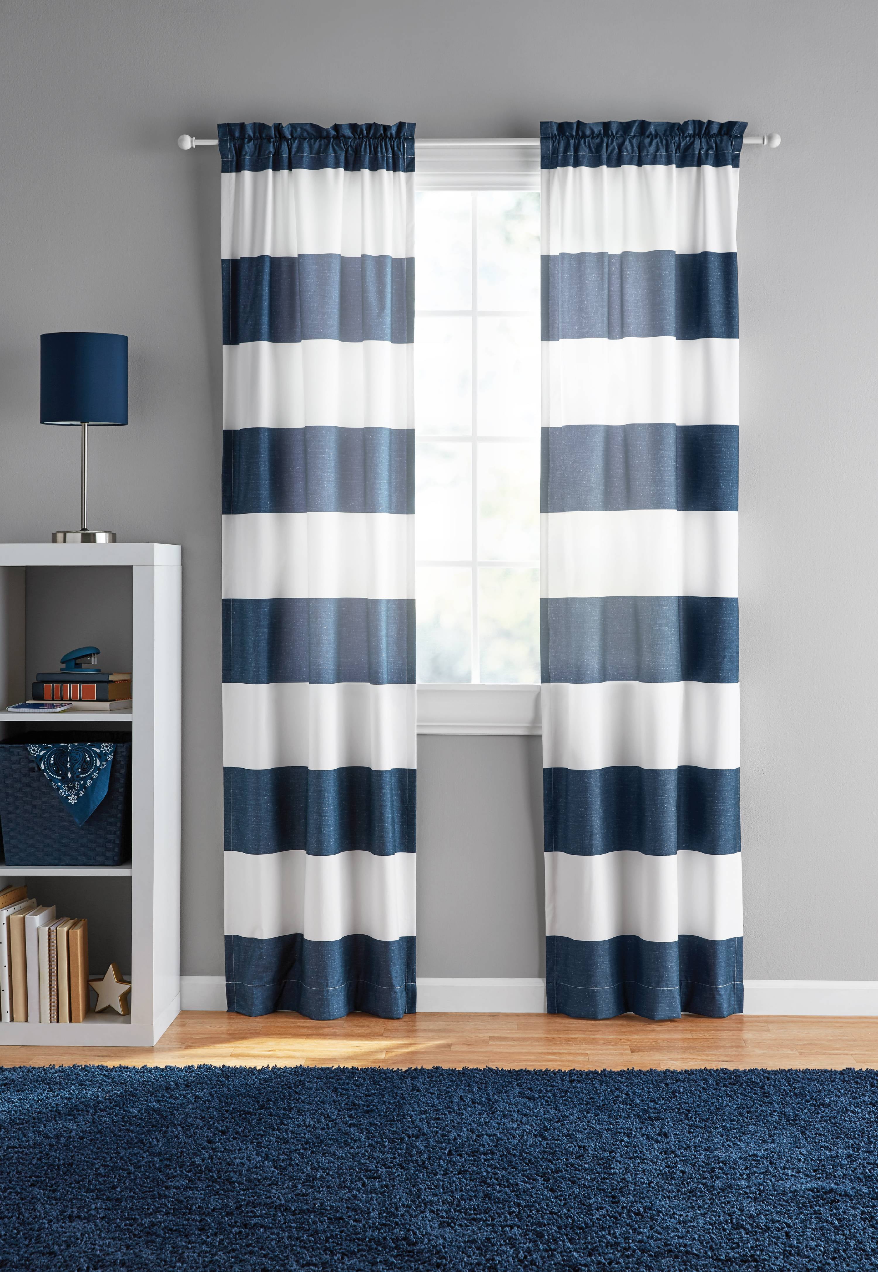 Your Zone Kids Teen Bedroom Curtains Navy Stripe Darkening Rod