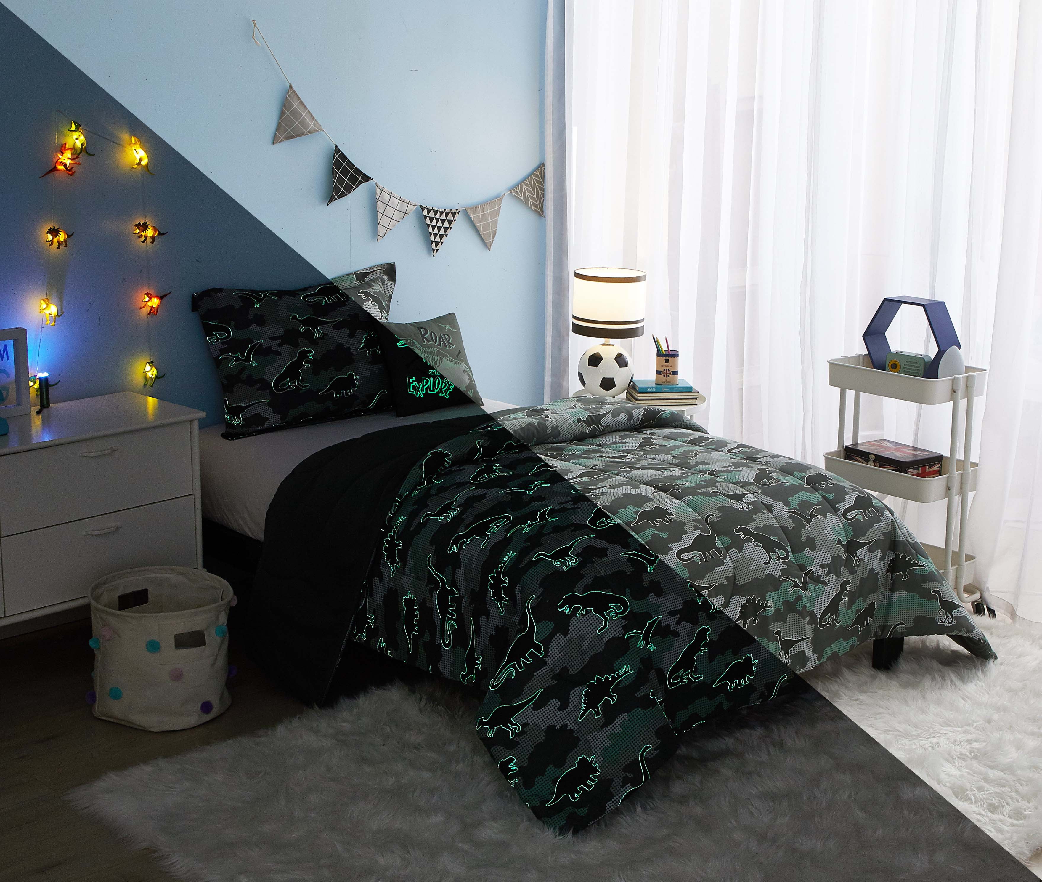 Your Zone Camo 5 Piece Glow In the Dark Comforter Set with Bonus String Light, Twin