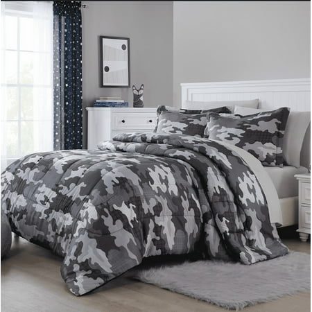 Your Zone 7-Piece Gray Camouflage Bedding Set for Kids with Storage Bag, Full
