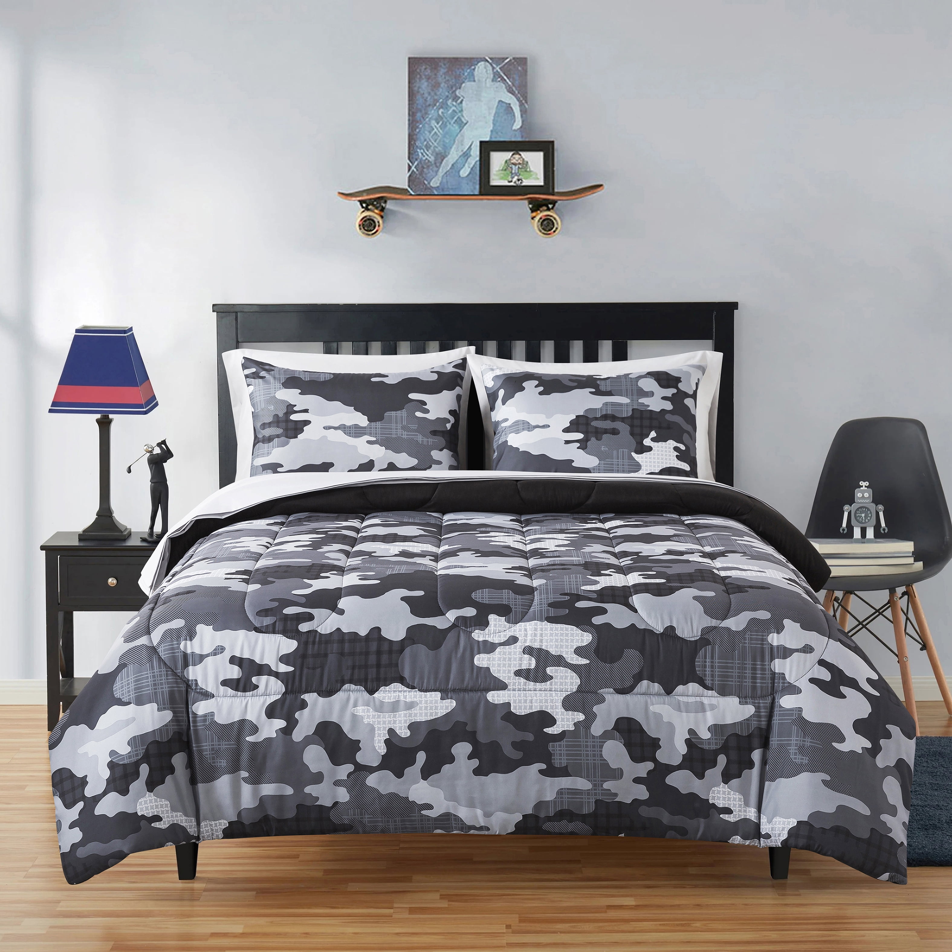 Your Zone Camouflage Full Bedding Set for Kids, Grey, 7 Pieces with Storage Bag, Child, Unisex