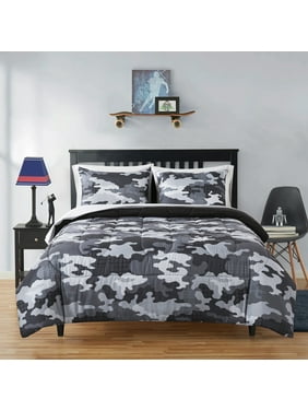 Your Zone Camouflage Full Bedding Set for Kids, Grey, 7 Pieces with Storage Bag, Child, Unisex