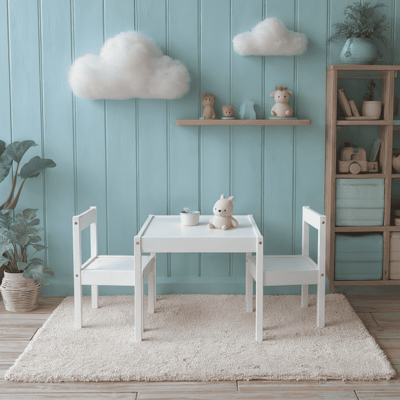 Mainstays Kids Child 3-Piece Table and Chairs Set, in White Age Group 1 to 5 Years Old.