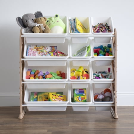 Your Zone Children Plastic and Metal Toy Storage Racks with 12 Storage Bins, Mocha and White