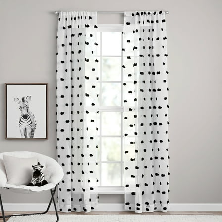 Your Zone Clipped Pom Rod Pocket Sheer Single Curtain Panel, White/Black, 38"W x 84"L