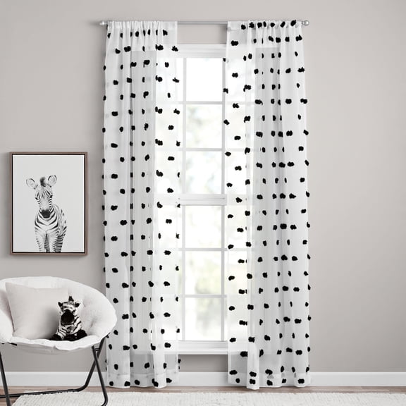 Your Zone Clipped Pom Rod Pocket Sheer Single Curtain Panel, White/Black, 38"W x 84"L