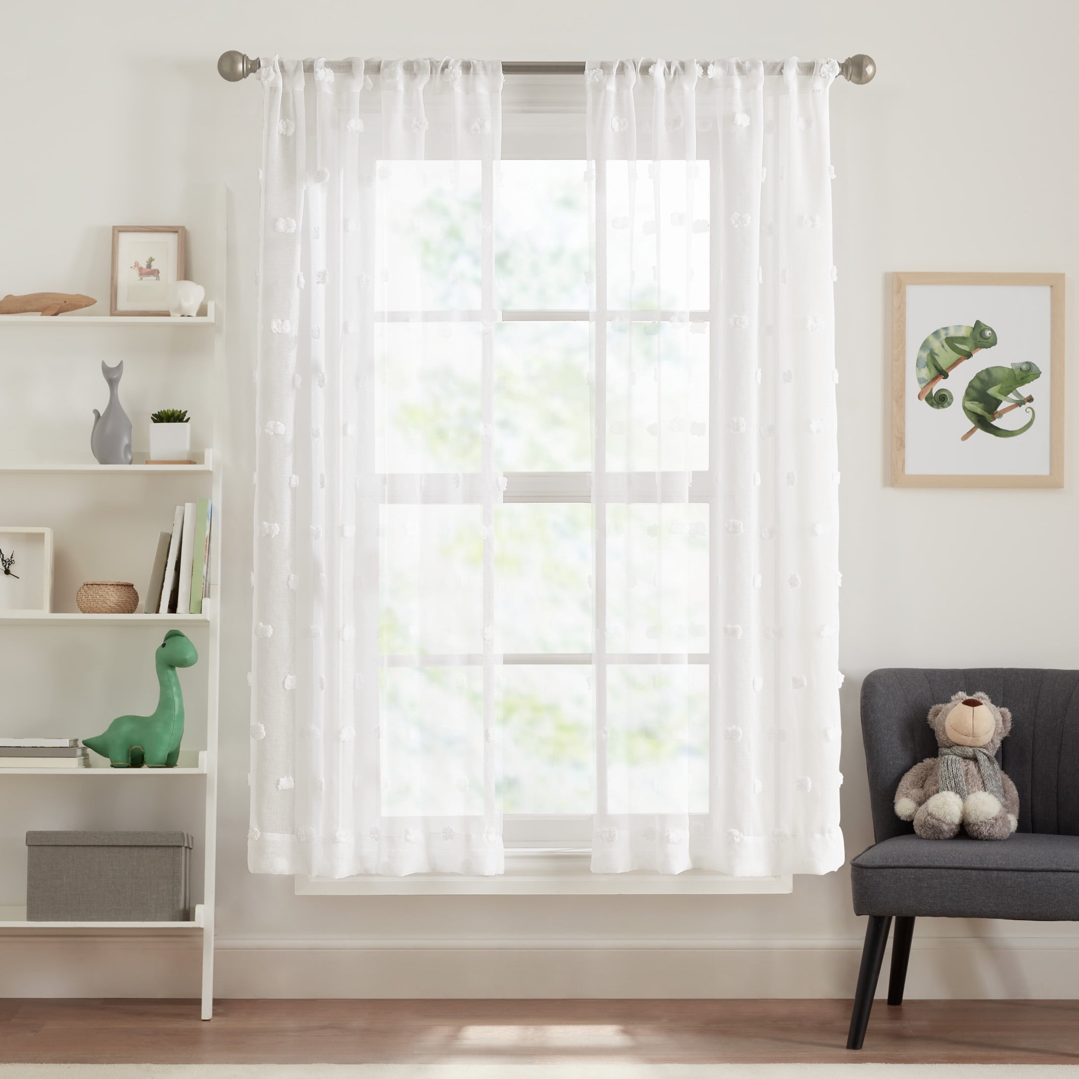 Your Zone Clipped Pom Sheer Single Curtain Panel, Artic White, 38 in W x 54 in L