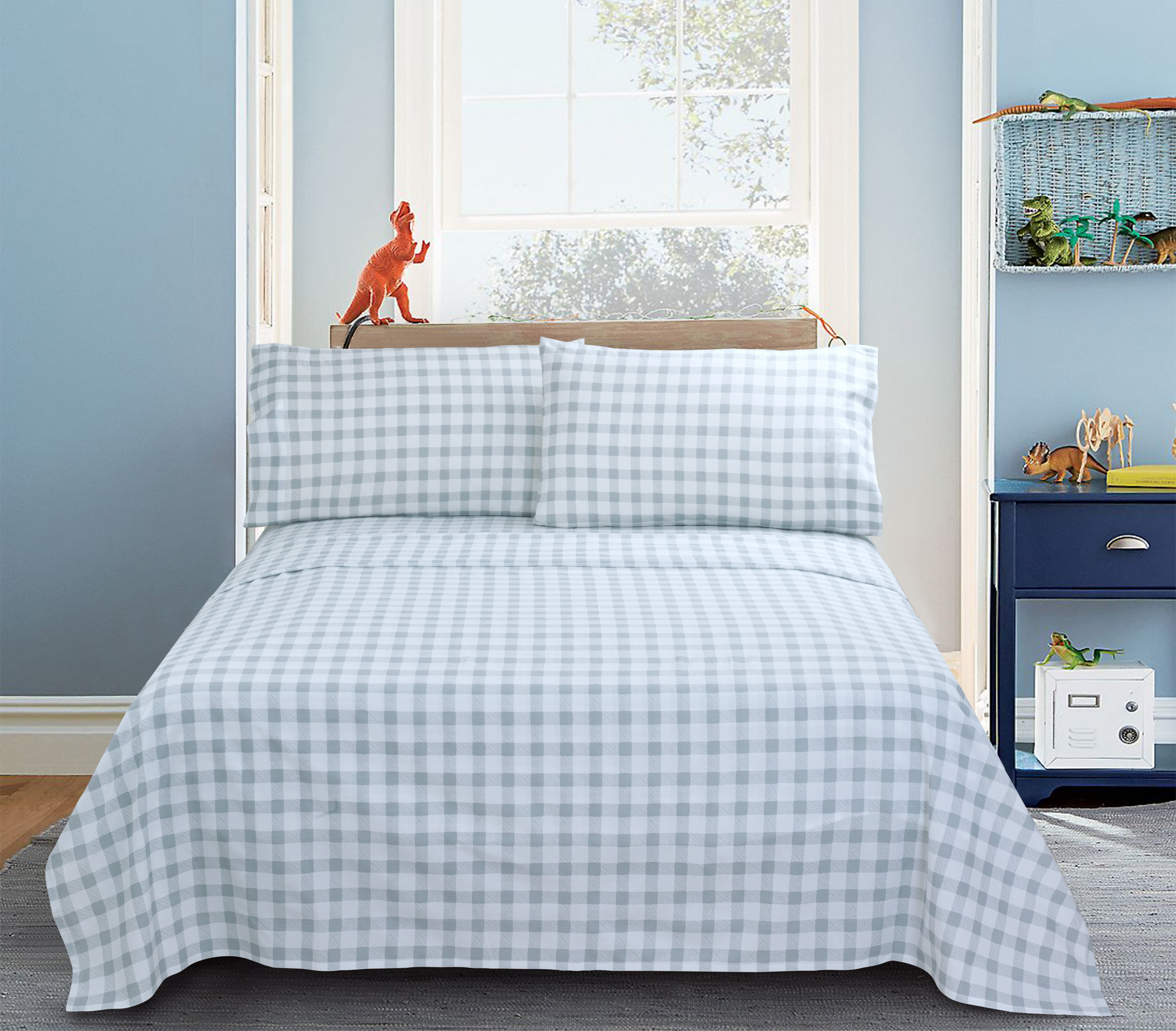 Your Zone Cotton Percale 220 Thread Count Sheet Set, Gray Check, Twin/Twin XL