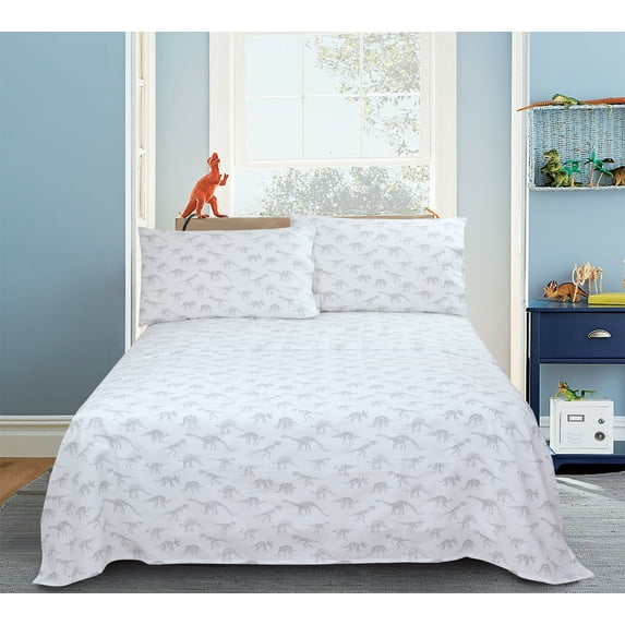 Your Zone Cotton Percale 220 Thread Count Sheet Set, Gray Dinosaur Print, Full