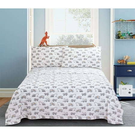 Your Zone Cotton Percale 220 Thread Count Sheet Set, White Construction Trucks Print, Full