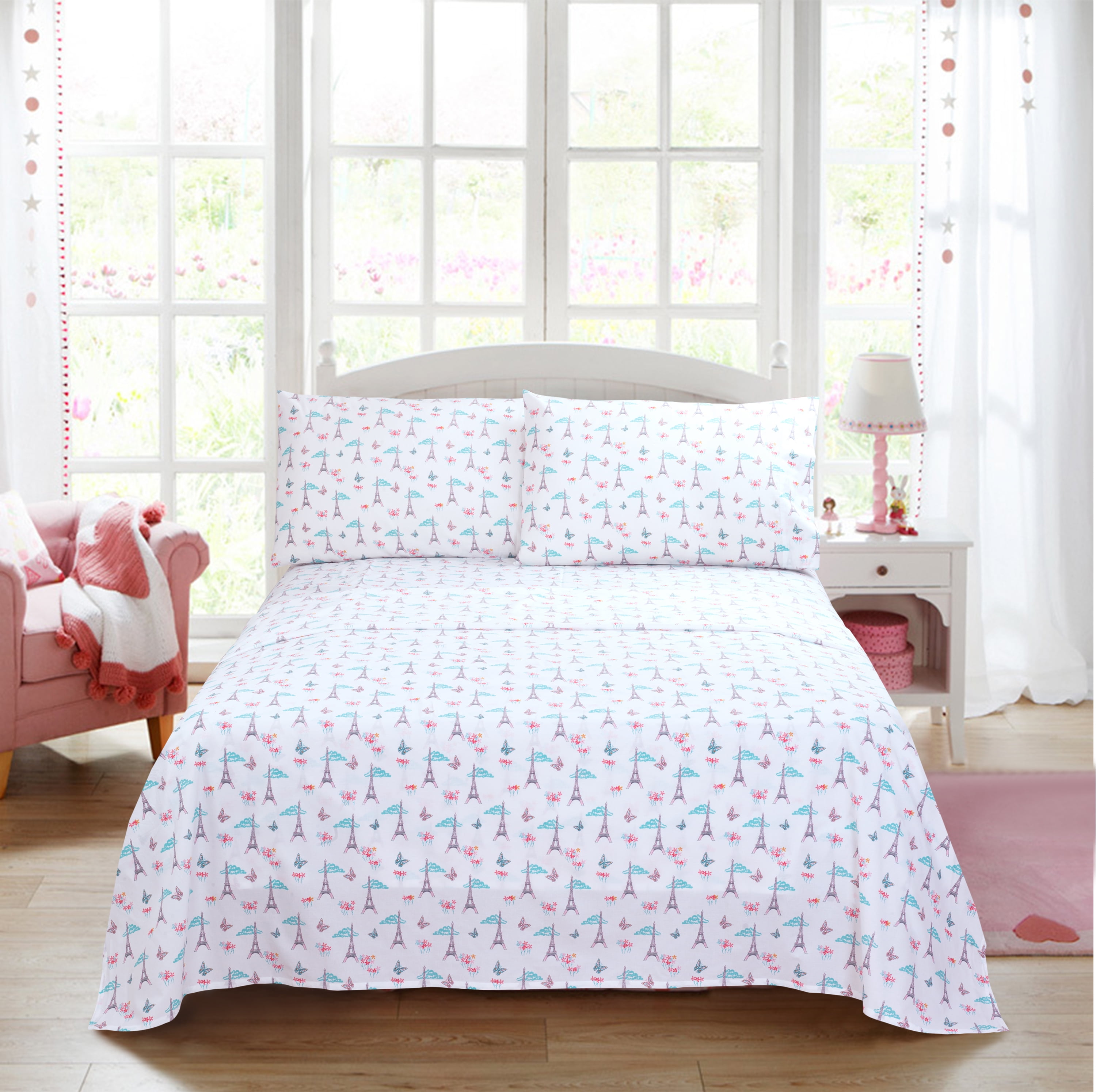 Your Zone Cotton Percale 220 Thread Count Sheet Set, White Eiffel Tower, Twin/Twin XL