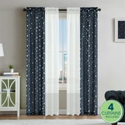 Your Zone Curtain and Sheers Panel Set, 4-Piece, Foil Stars Navy, 27.5" W x 95" L
