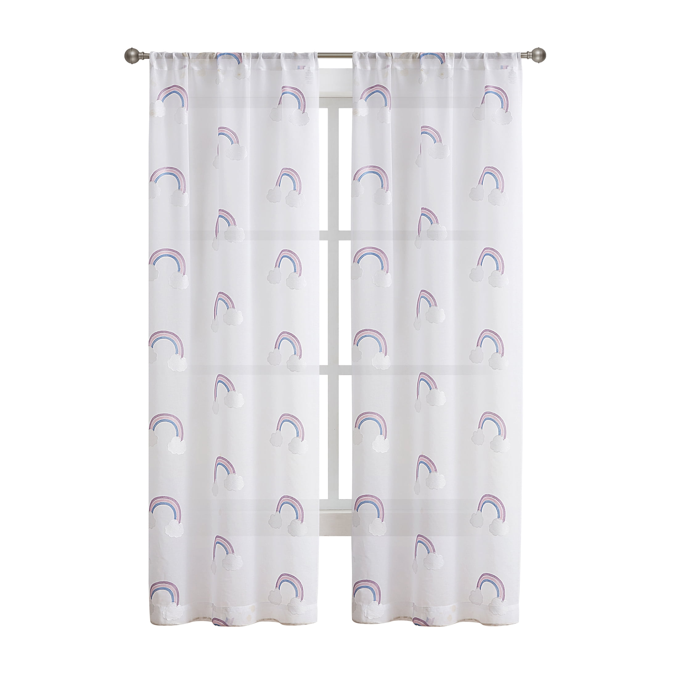 Your Zone Embroidered Rainbow Rod Pocket Sheer Single Curtain Panel, White/Multi, 38 in W x 95 in L