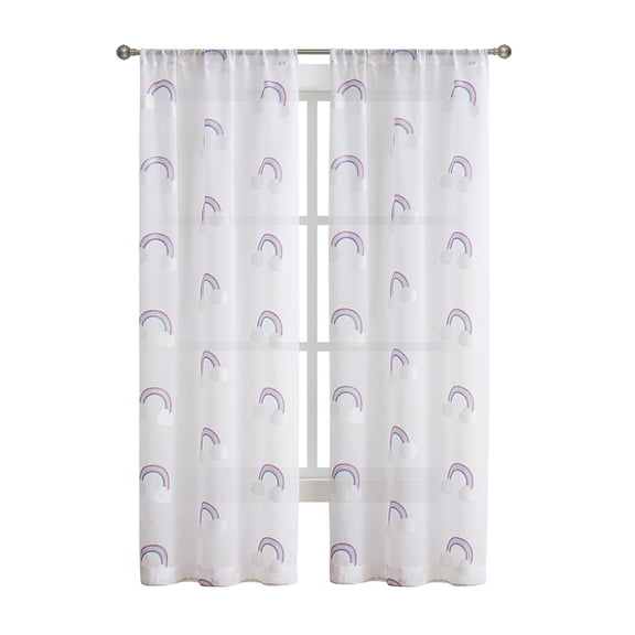 Your Zone Embroidered Rainbow Rod Pocket Sheer Single Curtain Panel, White/Multi, 38"W x 95"L
