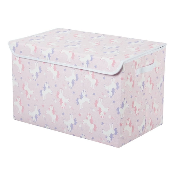 Your Zone Foldaway Toy Storage Trunk with Attached Lid, Pink with Unicorns