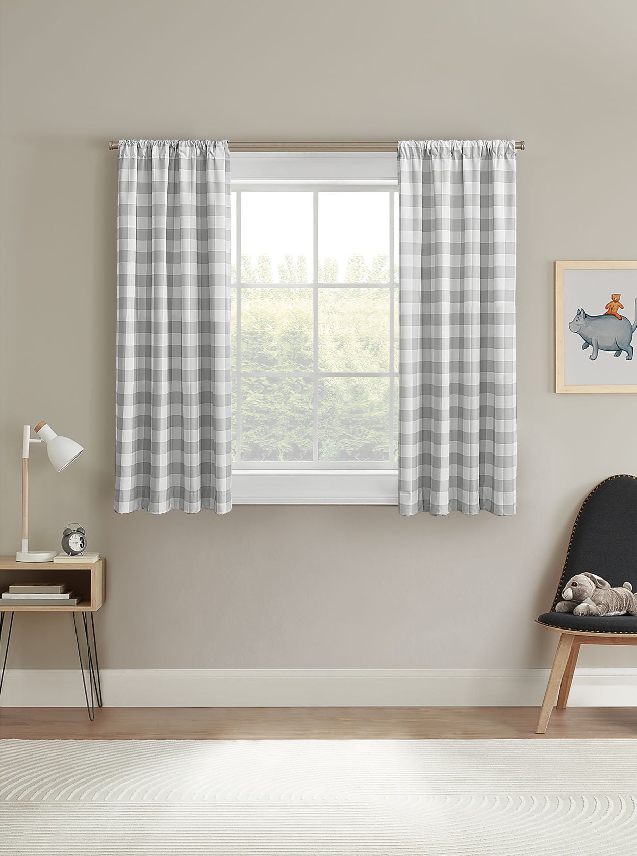 Your Zone Gingham Plaid Blackout Curtain Panel Pair, Grey, 37 x 54