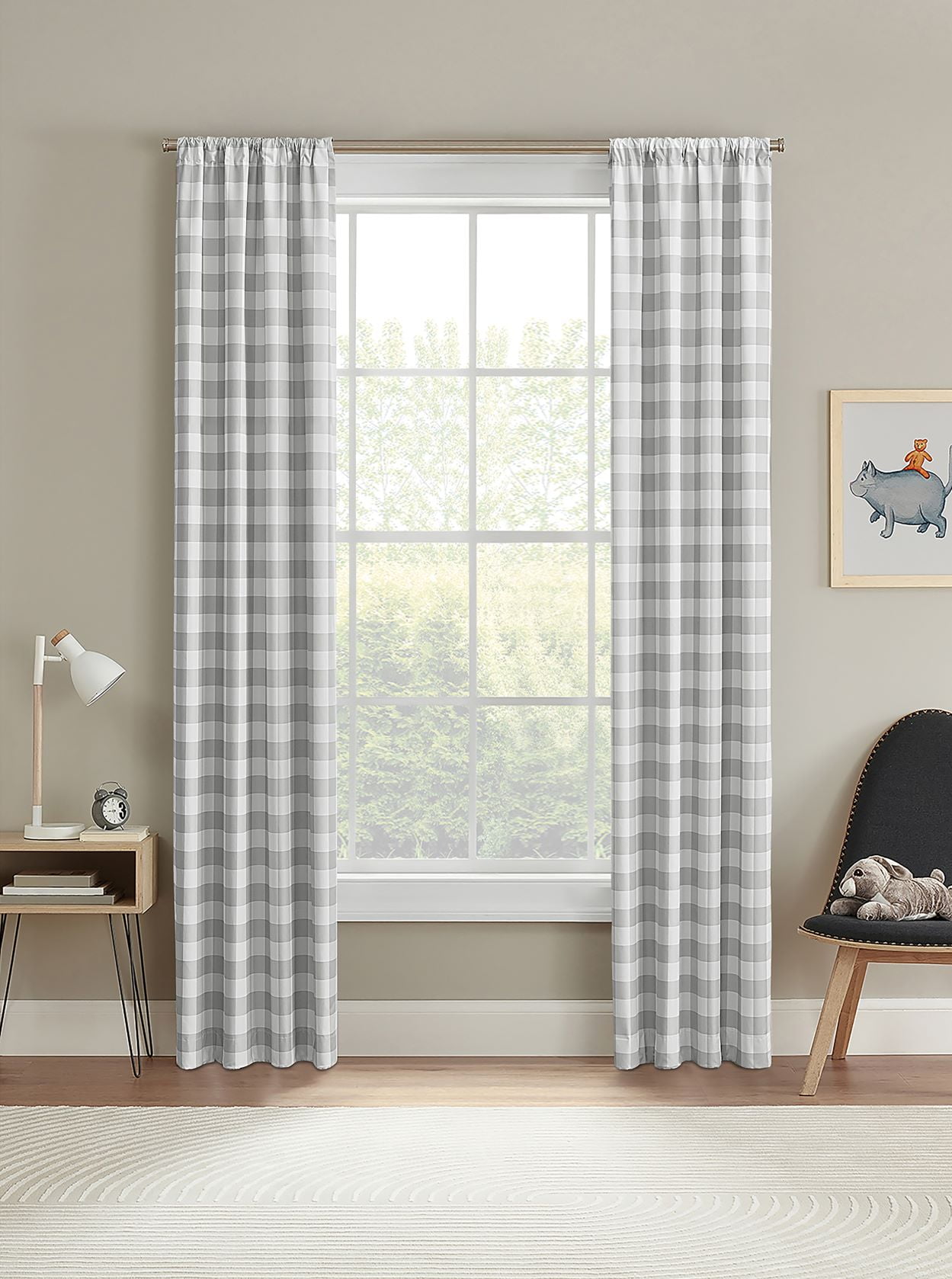 Your Zone Gingham Plaid Blackout Curtain Panel, Set of 2, Grey, 37" W x