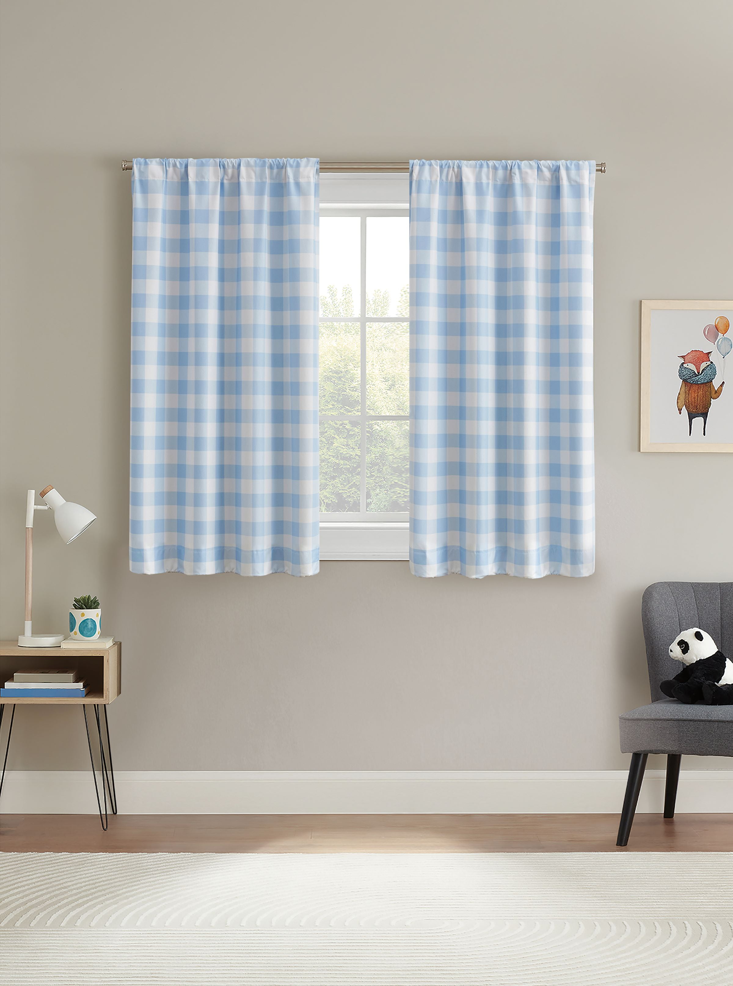 Your Zone Gingham Plaid Blackout Curtain Panel Pair, Light Blue, 37 x