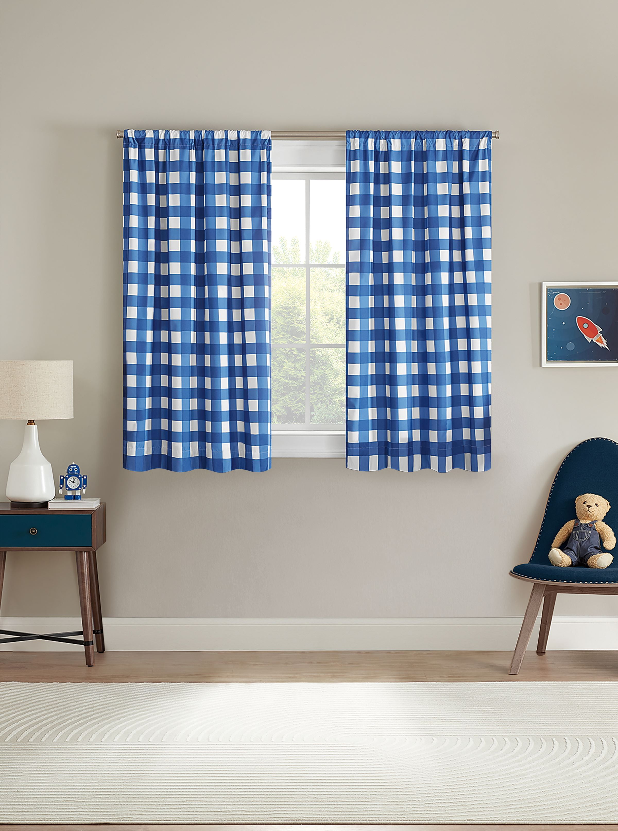 Your Zone Gingham Plaid Blackout Curtain Panel Pair, Navy, 37 x 54