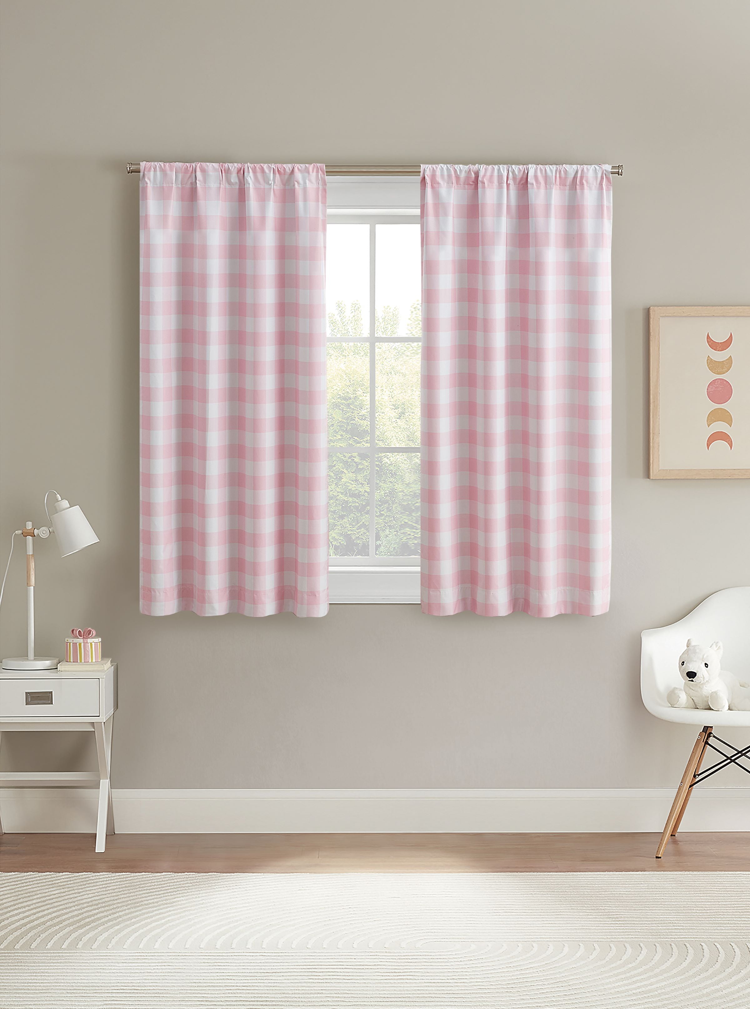 Your Zone Gingham Plaid Blackout Curtain Panel Pair, Pink, 37 x 63