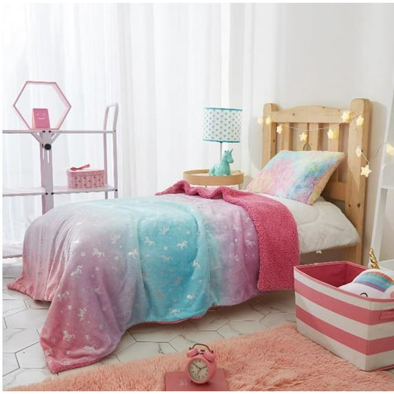 Your Zone Glimmer Throw Reverse to Super Soft Sherpa, Unicorn, Multicolor, 50 in x 60 in