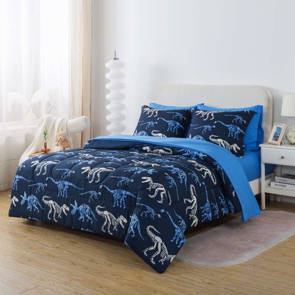 Your Zone Glow in the Dark 7-Piece Dinosaur Bedding Set for Kids with Fabric Storage Bag, Full