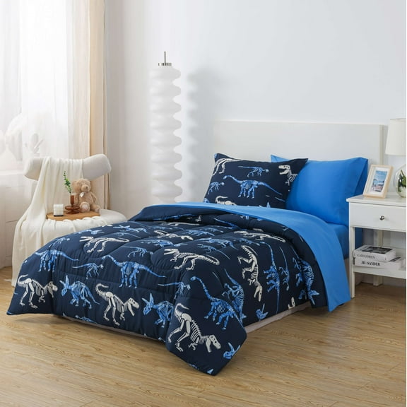 Your Zone Glow in the Dark 5-Piece Dinosaur Bedding Set for Kids with Fabric Storage Bag, Twin