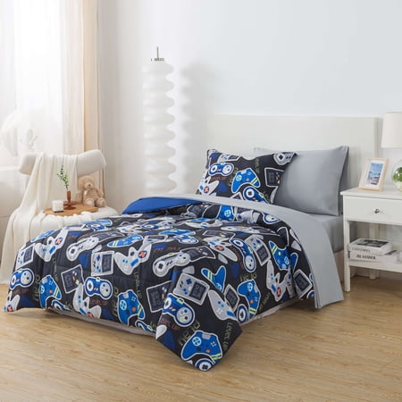 YOUR ZONE GLOW IN THE DARK 5-PIECE GAMER BEDDING SET FOR KIDS WITH FABRIC STORAGE BAG, TWIN