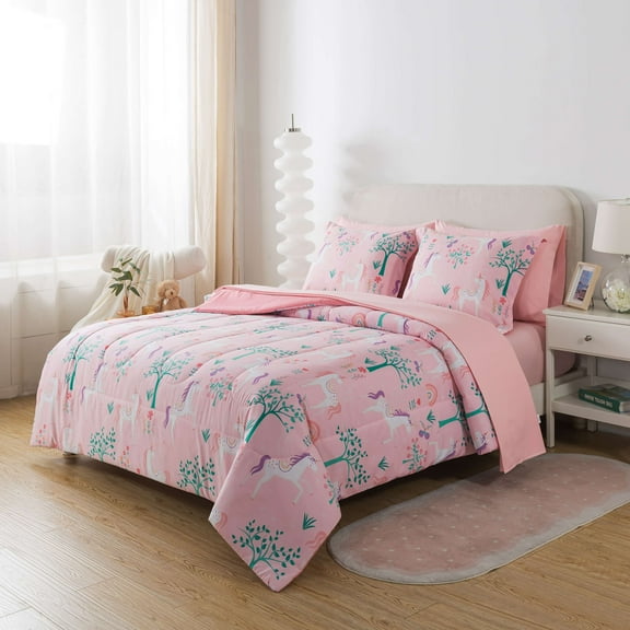 Your Zone Glow in the Dark 7-Piece Pink Unicorn Bedding Set for Kids with Fabric Storage Bag, Full