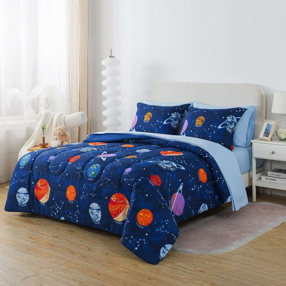 Your Zone Glow in the Dark 7-Piece Outer Space Bedding Set for Kids with Fabric Storage Bag, Full