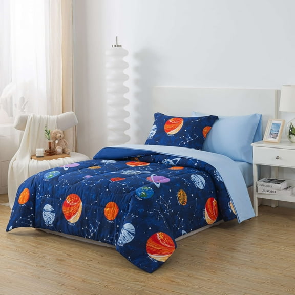 Your Zone Glow in the Dark 5-Piece Outer Space Bedding Set for Kids with Fabric Storage Bag, Twin