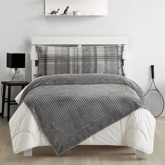 Your Zone Gray Flannel Wide Wale Plush 50" x 60" Throw with Nirvana Plaid Body Pillow Cover, Gray