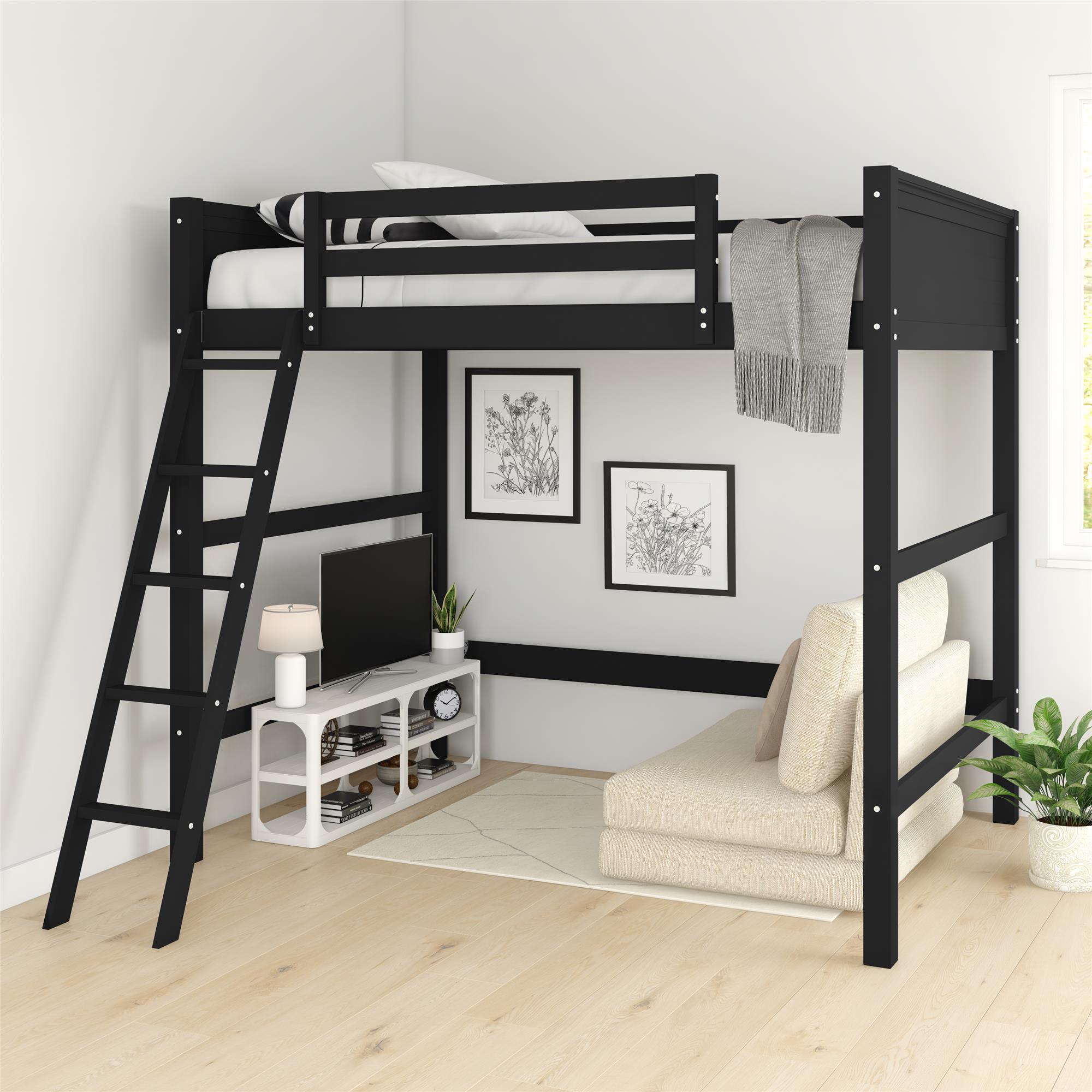 Camaflexi Full Size Low Loft Bed Mission Headboard Natural Finish