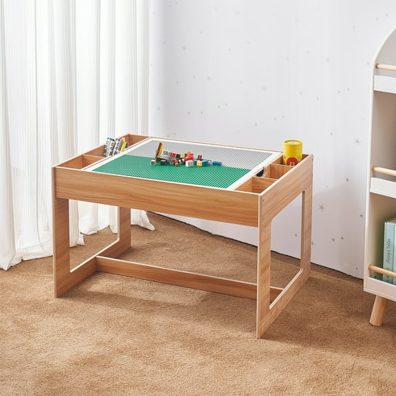 Your Zone Kids 2 in 1 Building Block Storage Play Table, Natural, Age 3 and Up