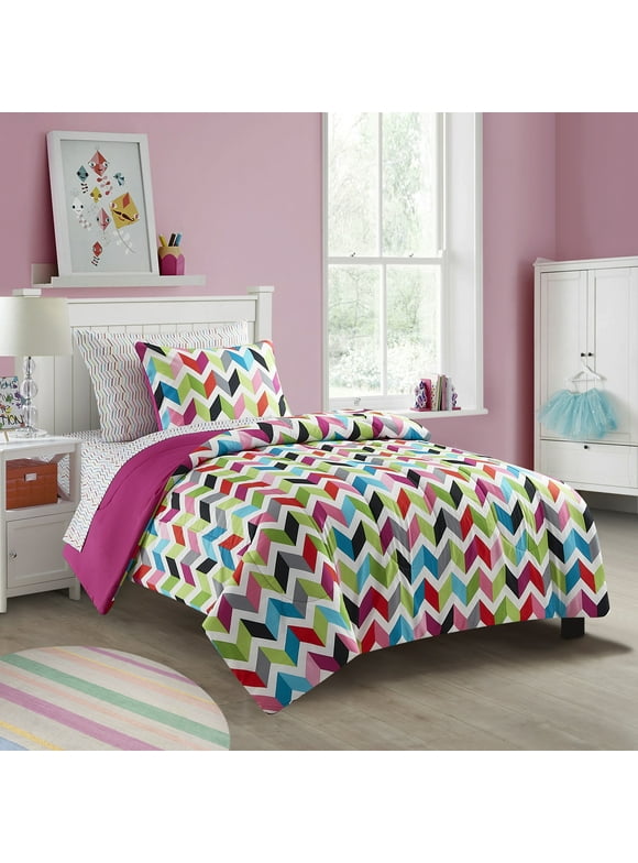Your Zone Kids 5 Piece Bright Chevron Reversible Comforter Set, Twin, Mulitcolor, Polyester