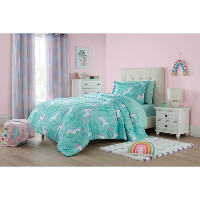 Your Zone Kids 5 Piece Teal Unicorn Grove Polyester Bedding Set for
