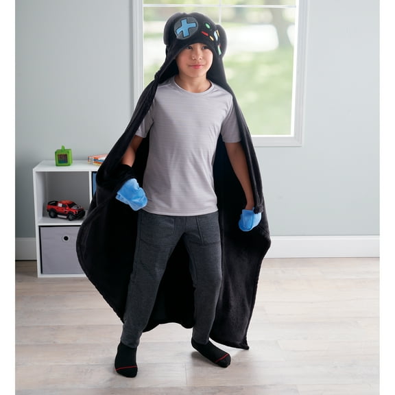 Your Zone Kids Black Gamer Glow in the Dark Hooded Throw, 40" x 50"