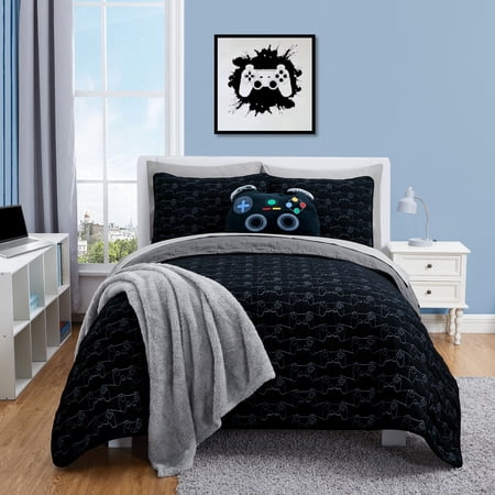 YOUR ZONE KIDS BLACK AND GRAY REVERSIBLE QUILT SET WITH GRAY SHEETS, GAMER, FULL, 7 PIECE, MICROFIBER POLYESTER