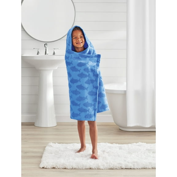 Your Zone Kids Blue Shark Cotton Hooded Towel, Age 2-4, Great for Kids after Bath, Beach and Pool