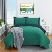 Your Zone Kids Green and Navy Blue Reversible Quilt Set with Navy Blue Sheets, Dino, Full, 7 Piece, Microfiber Polyester
