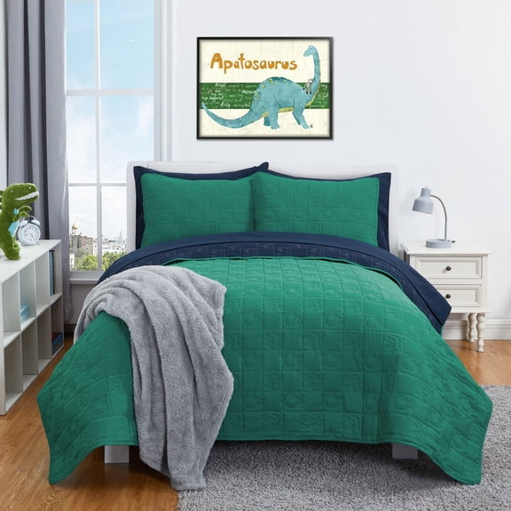 Your Zone Kids Green and Navy Blue Reversible Quilt Set with Navy Blue Sheets, Dino, Full, 7 Piece, Microfiber Polyester