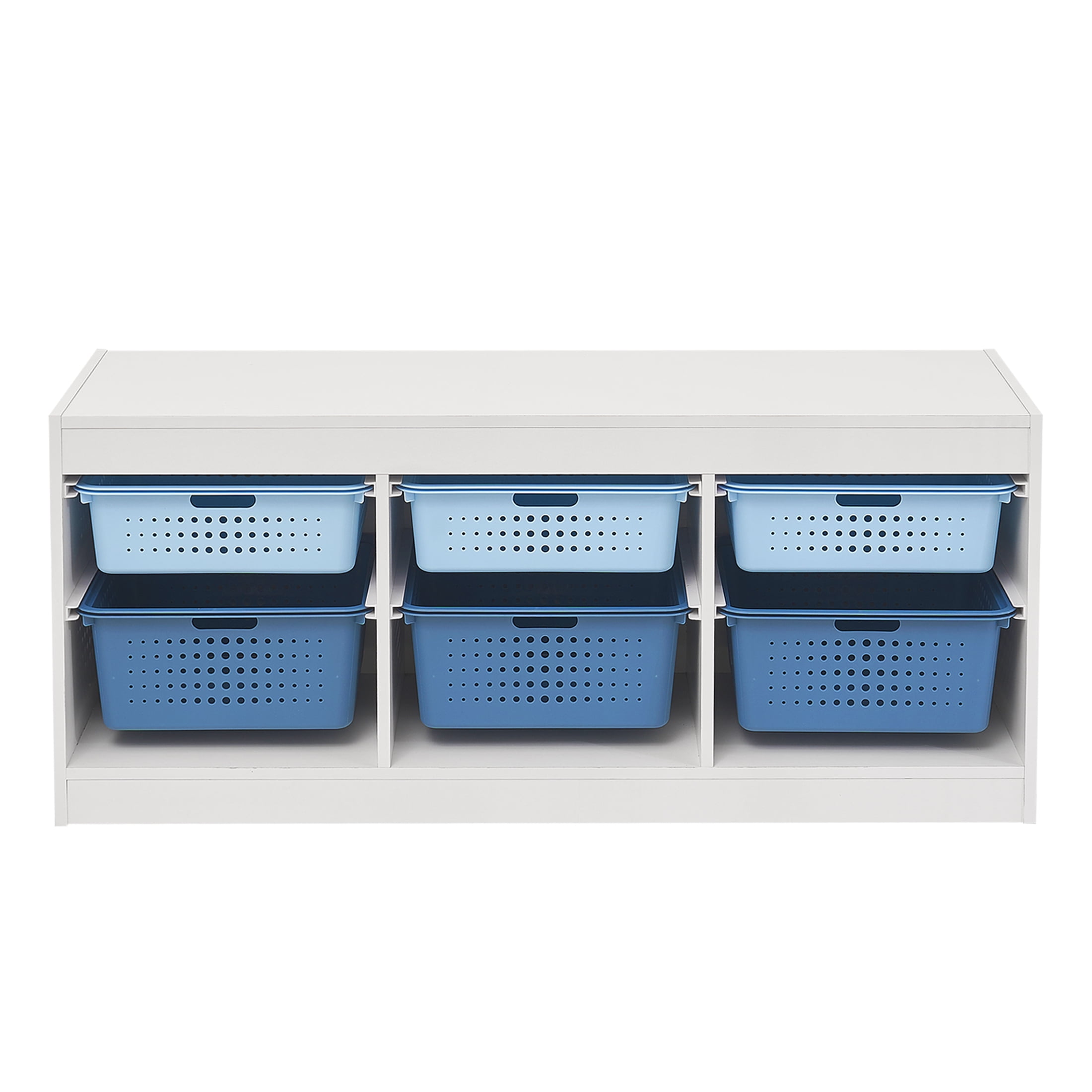 Your Zone Wooden Kids Horizontal Sliding Bin Organizer with 6 Storage Bins, Blue, Age 3+